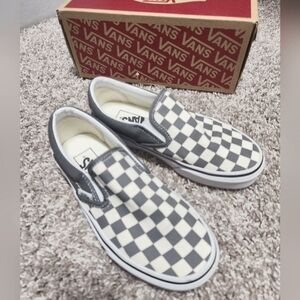VANS SLIP-ON PEWTER GREY & WHITE CHECKERBOARD SKATE SHOES